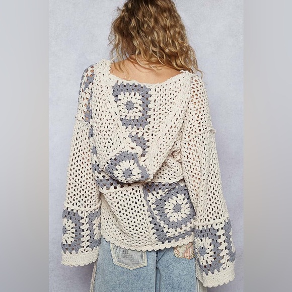 🌻 POL “ Shoreline Chenille “ Granny Square Cardigan Hoodie | Cream - Picture 5 of 5